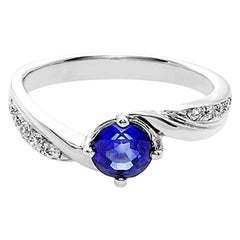 Vintage Style Blue Sapphire and Diamond Engagement Ring in 18K White Gold