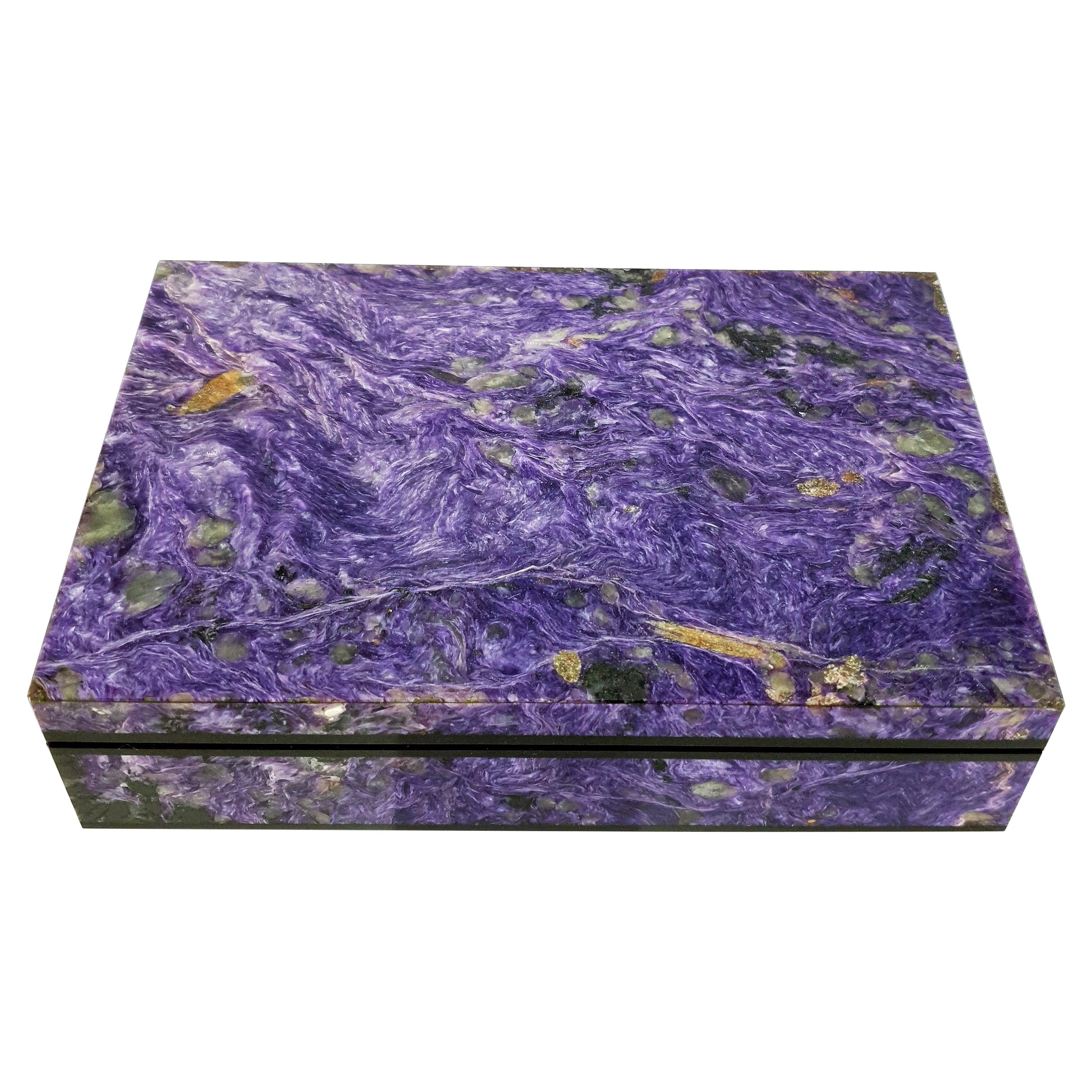 Boîte à bijoux décorative en Charoite violette et pierres précieuses avec incrustation en marbre noir