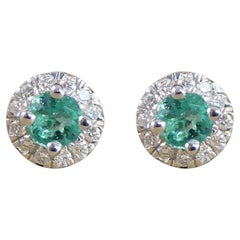 Emerald and Diamond Target Cluster Stud Earrings in 9ct White Gold