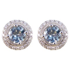Aquamarine and Diamond Halo Cluster Stud Earrings in 9ct White Gold
