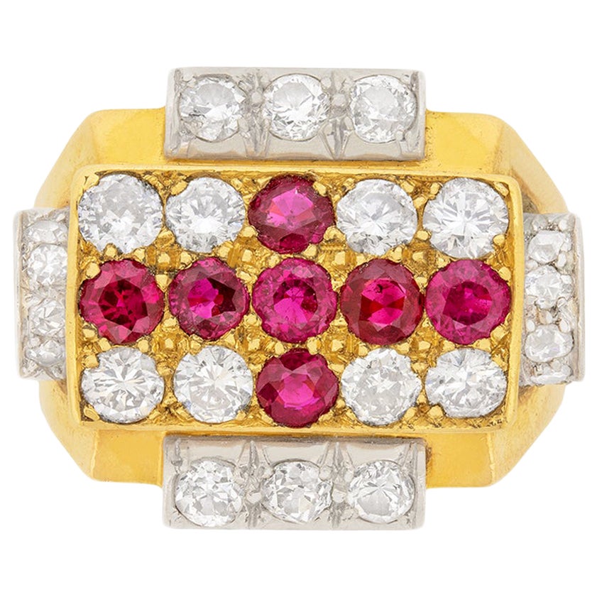 Art Deco 2.26ct Diamond and Ruby Cocktail Ring, France c.1930s