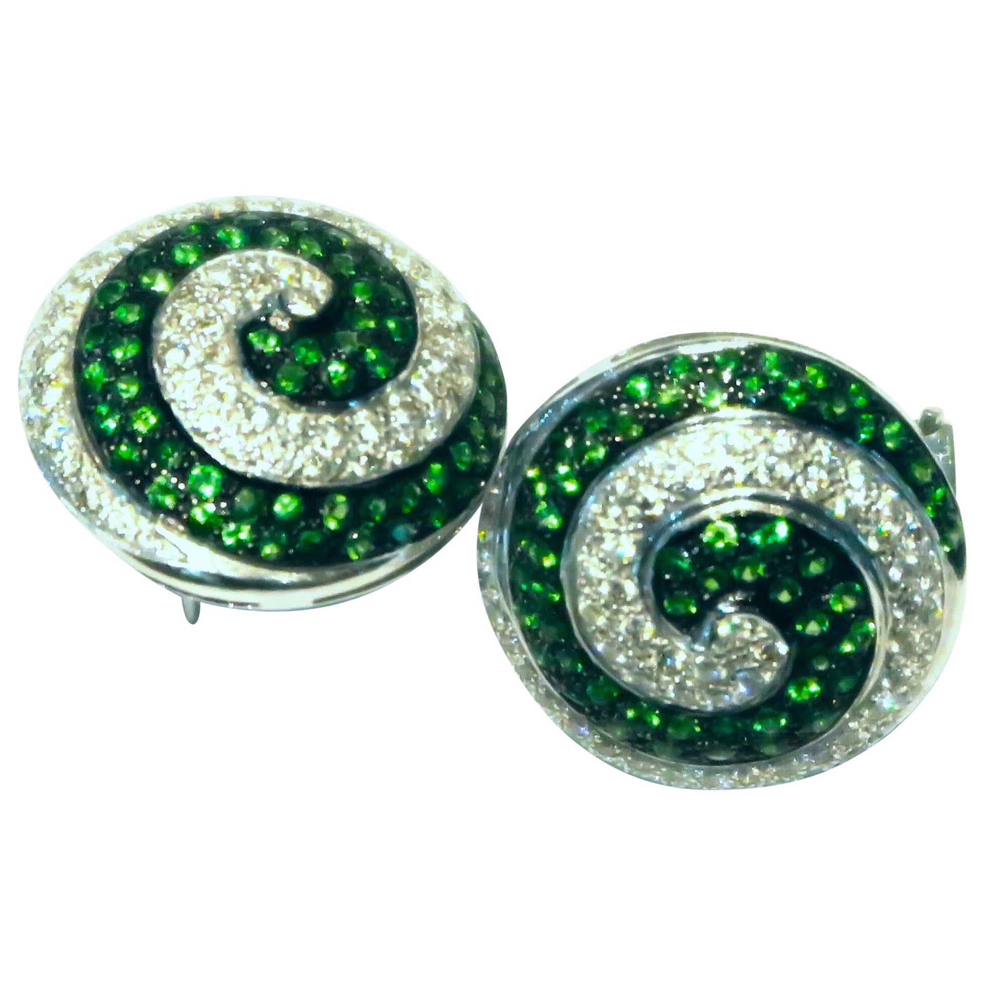 Tsavorite Diamond Twirl Pierced Clip-On 18K White Gold Earrings For Sale