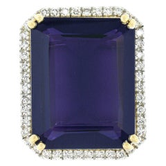 New 18K TT Gold Large Amethyst w/ Diamond Halo Accent Rectangular Cocktail Ring