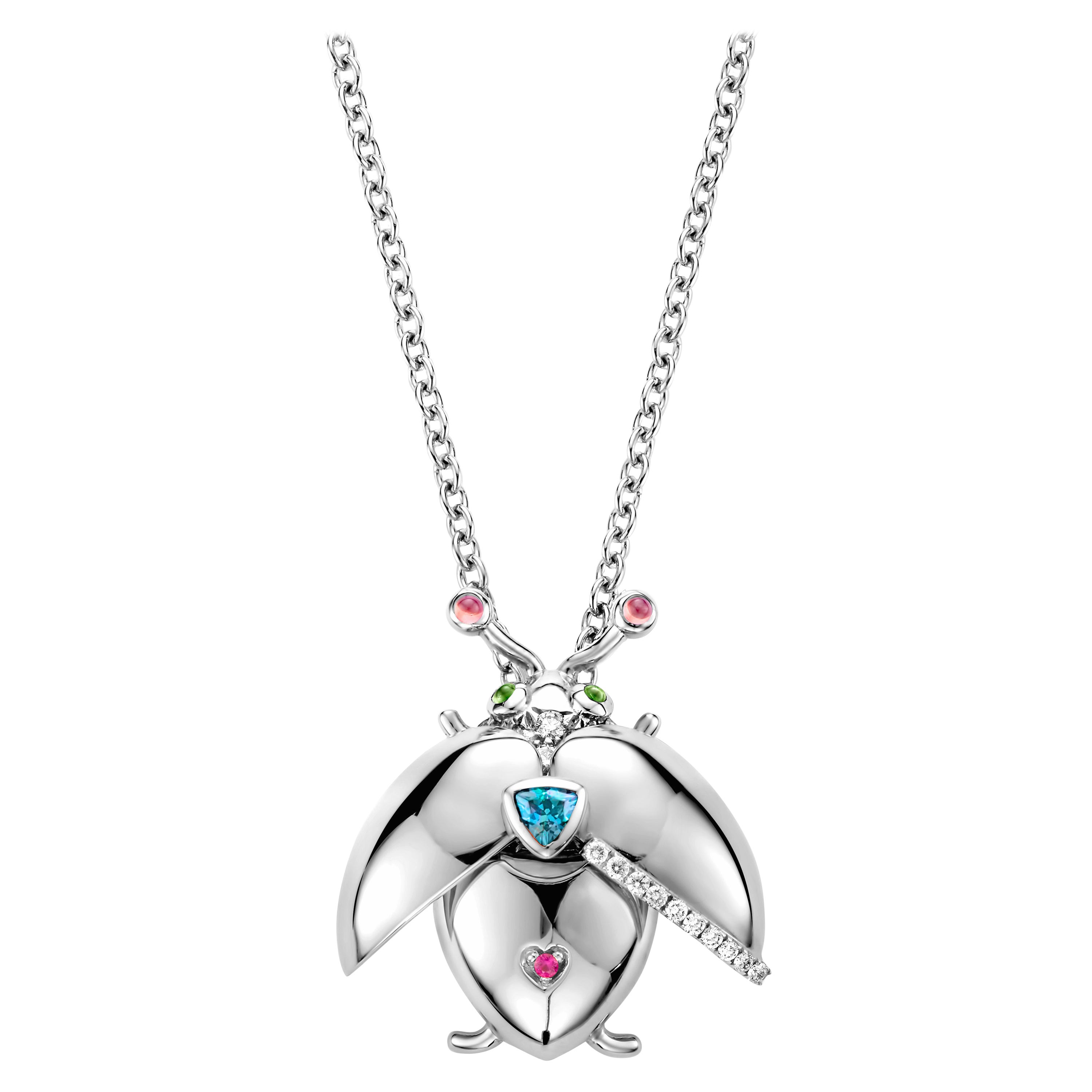 One of a kind lucky beetle necklace in 18K white gold 11g set with the finest diamonds in brilliant cut 0,37Ct (VVS/DEF quality) one natural, indigolite tourmaline in triangel cut and a pink sapphire in brilliant cut. The feelers and the eyes are