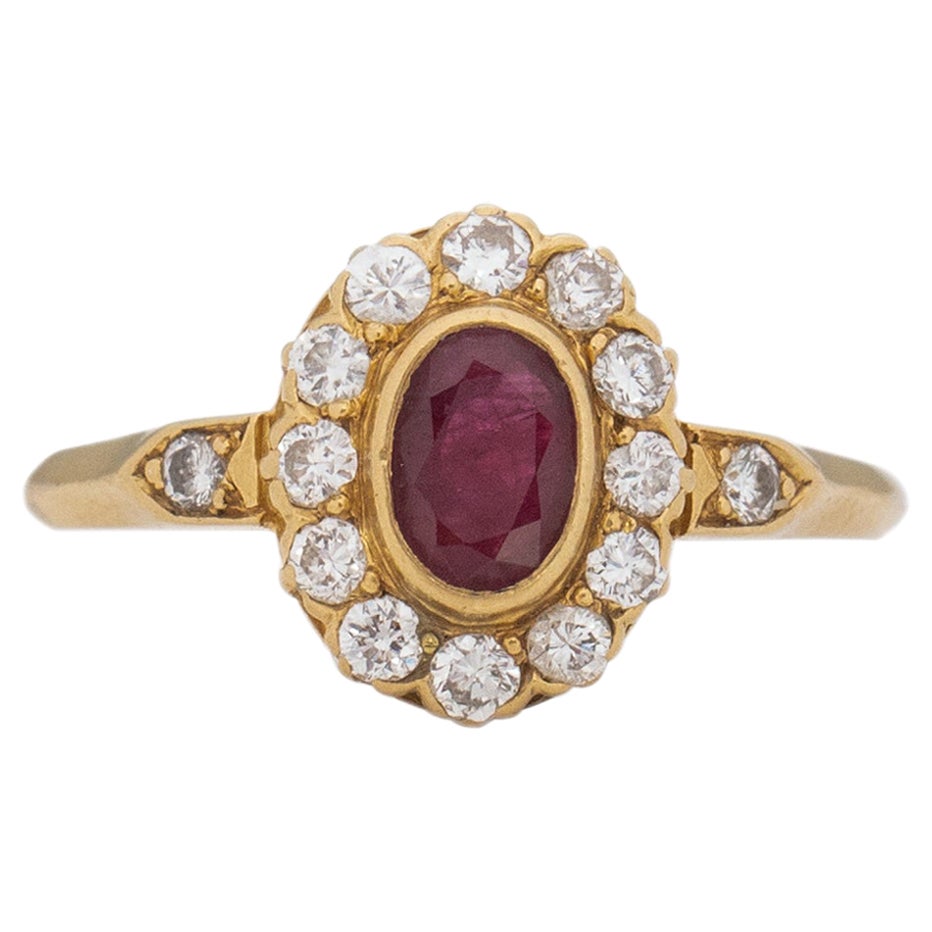 1900's Victorian 18K Yellow Gold Antique Ruby with Diamond Halo Fashion Ring