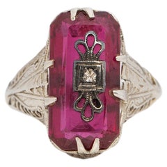 Victorian 14K White Gold Antique Filigree and Red Stone Statement Ring