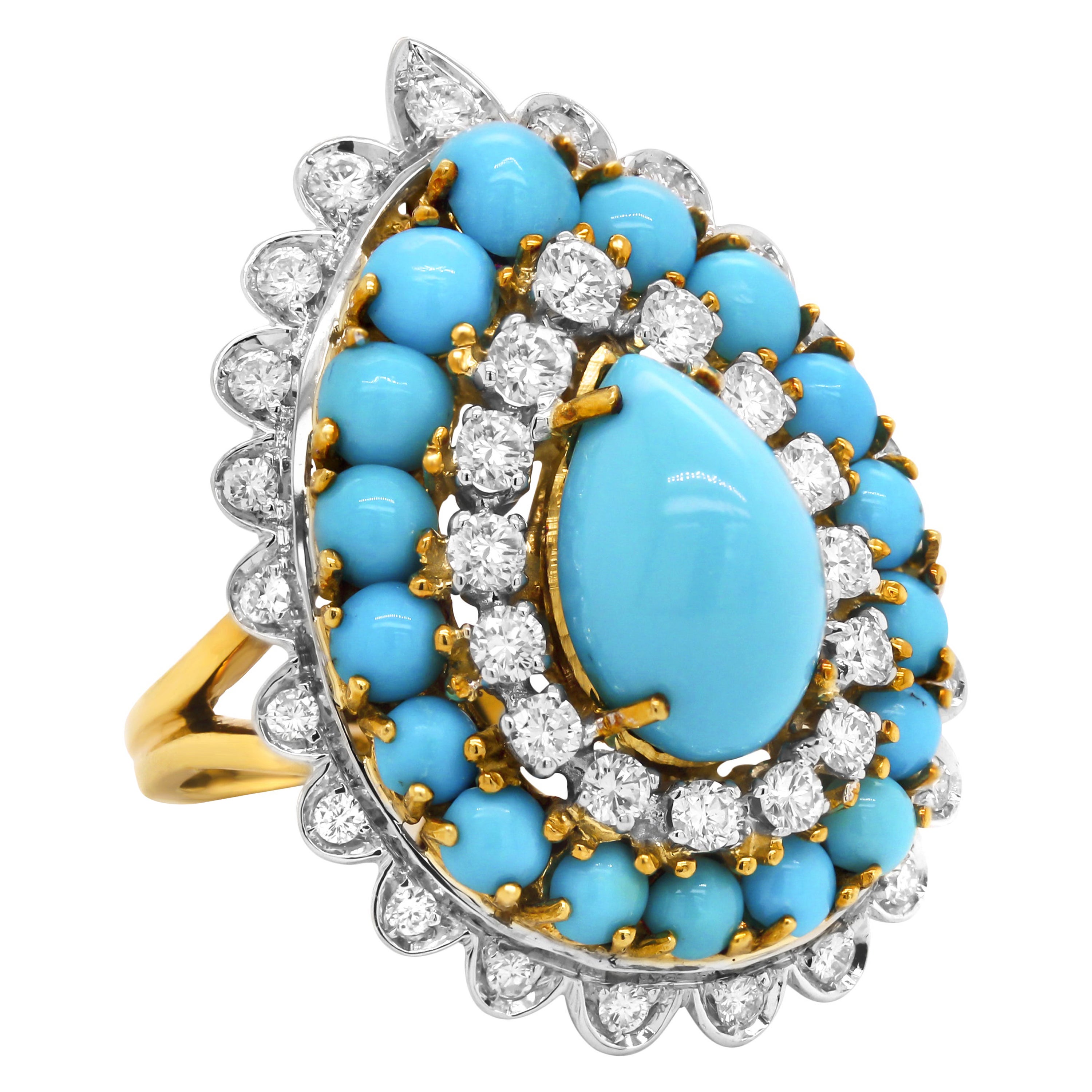 18K Yellow White Two Tone Gold Pear Shape Sleeping Beauty Turquoise Ring