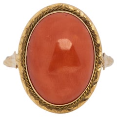 Victorian 14K Yellow Gold Orange Coral Oval Cabochon Vintage Statement Ring