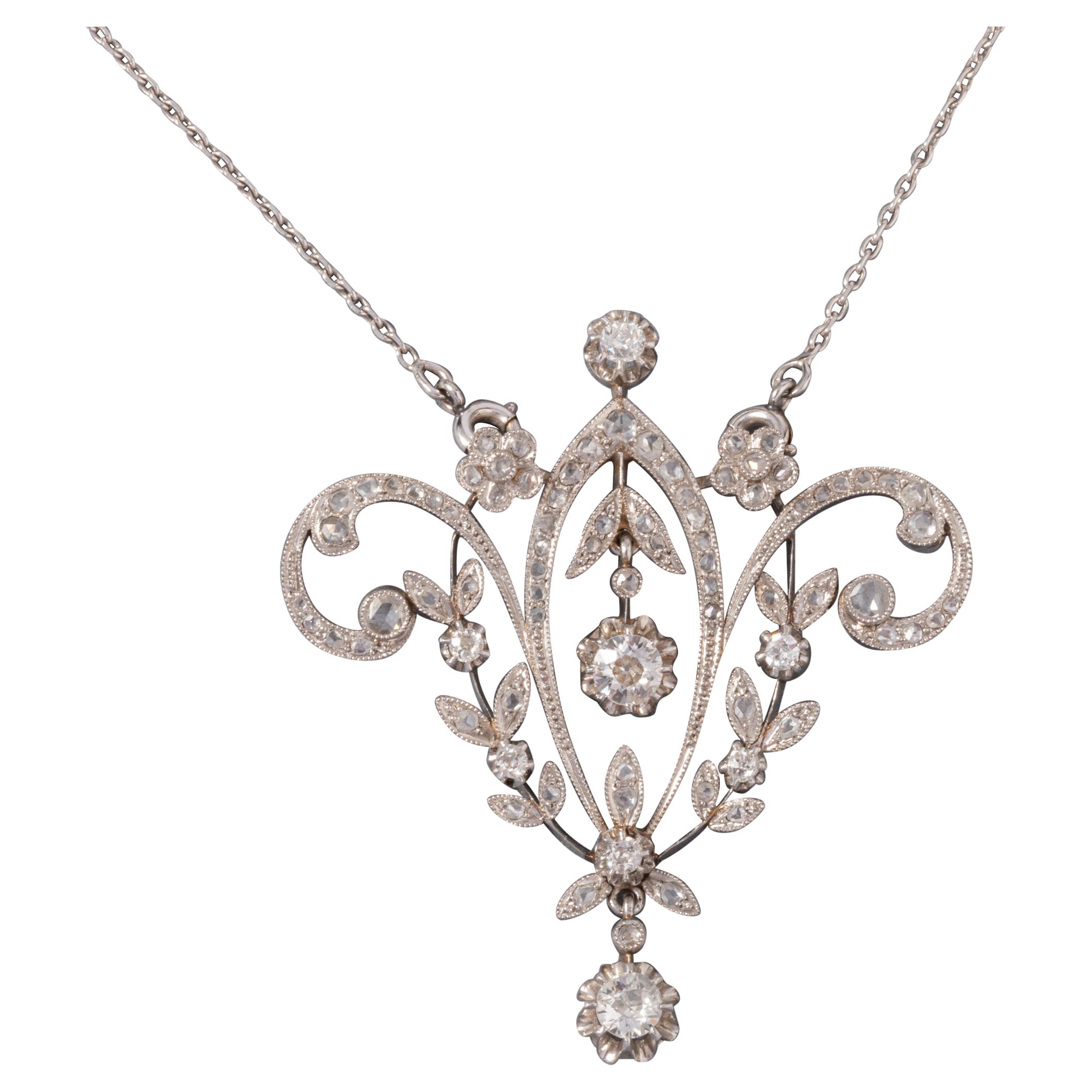 Gold and 1.20 Carats Diamonds French Antique Belle Epoque Pendant Necklace For Sale