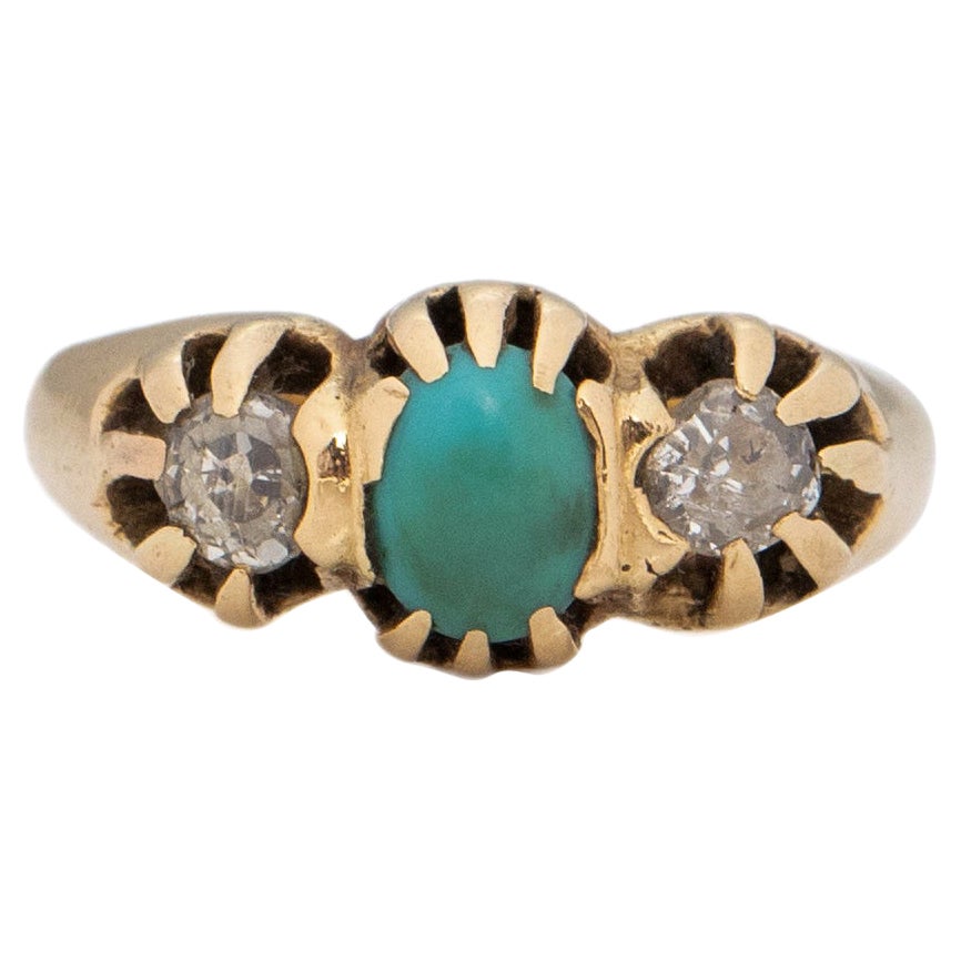 Victorian 14K Yellow Gold Turquoise and Old Mine Cut Diamond Three Stone Ring