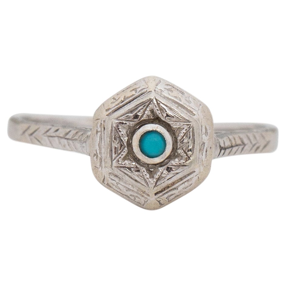 Art Deco 14K White Gold Turquoise Cabochon Vintage Solitaire Fashion Ring