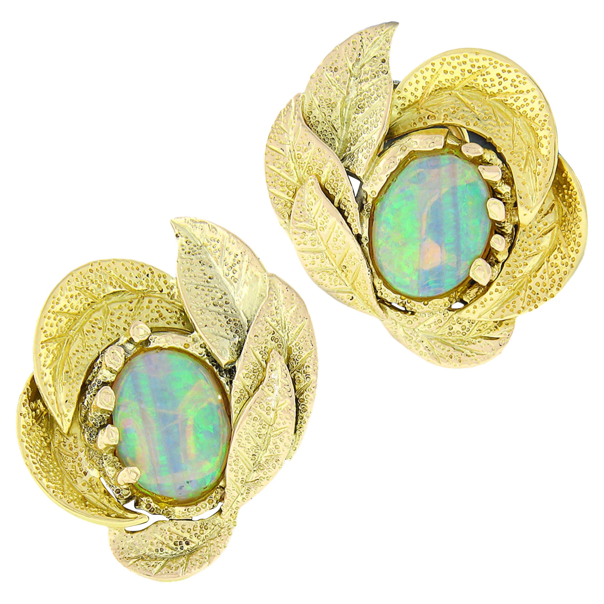 Vintage 14K Yellow Gold Oval Cabochon Opal Textured Floral Leaf Frame Earrings For Sale
