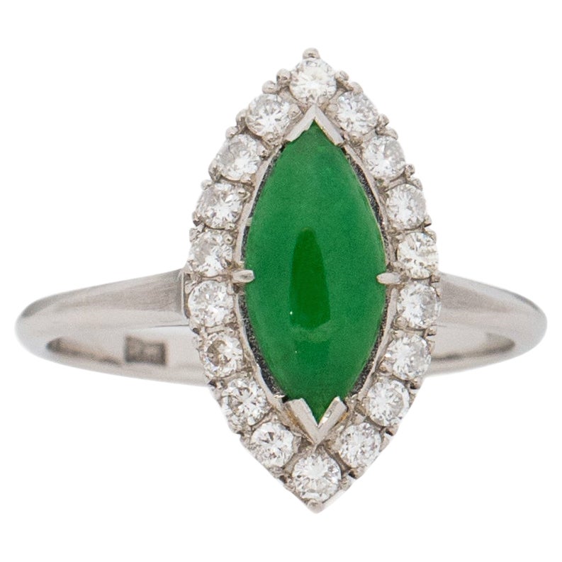 Retro Platinum Jade and Diamond Halo Marquee Style Fashion Ring