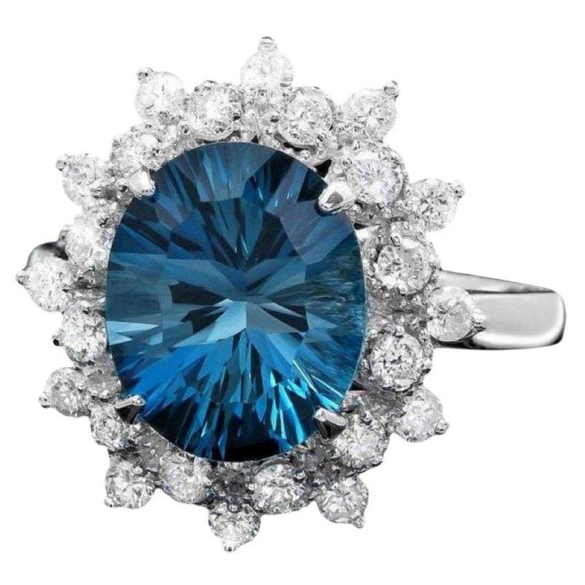 4.50 Carats Natural Blue Topaz and Diamond 14K Solid White Gold Ring For Sale