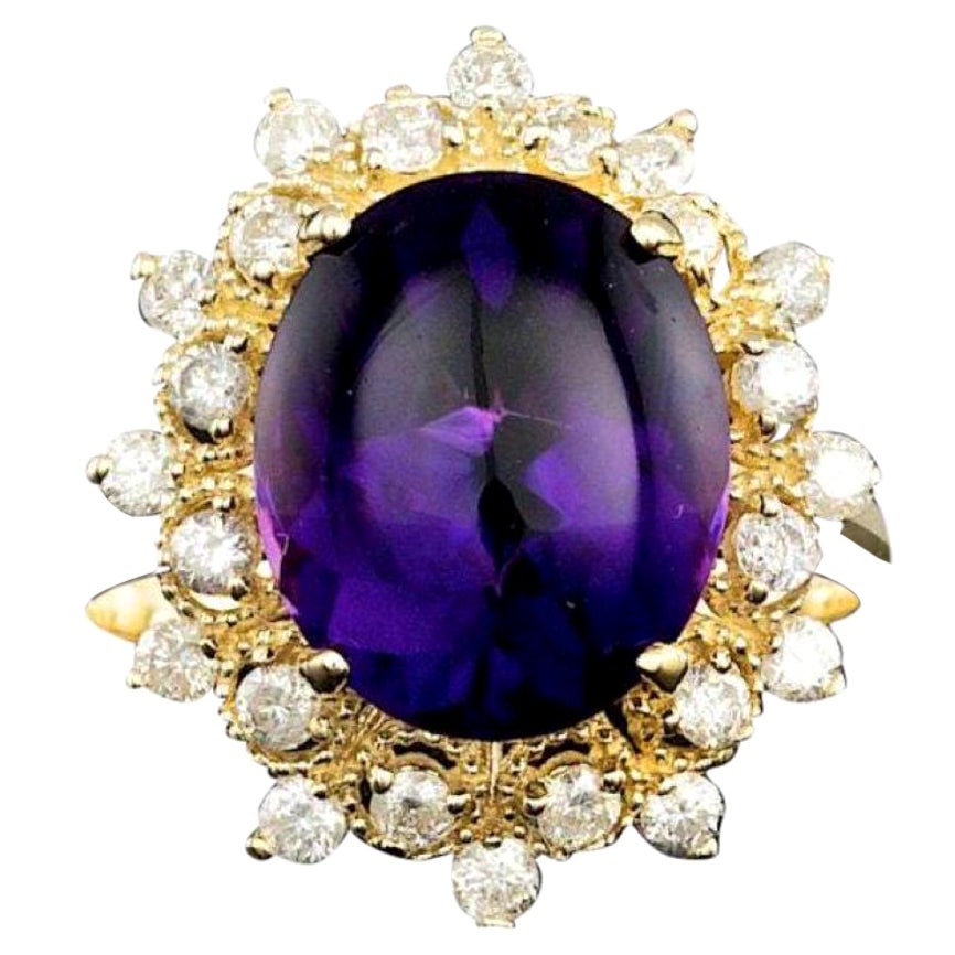 5.50 Carats Natural Amethyst and Diamond 14K Solid Yellow Gold Ring For Sale