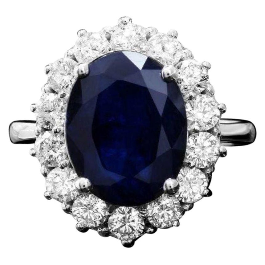 7.20 Carats Natural Blue Sapphire and Diamond 14K Solid White Gold Ring For Sale