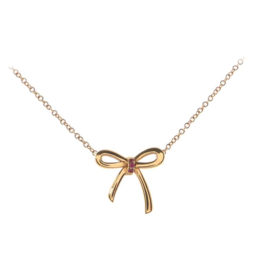 Tiffany & Co. Bow Pendant Necklace 18K Rose Gold with Pink Sapphires Mini