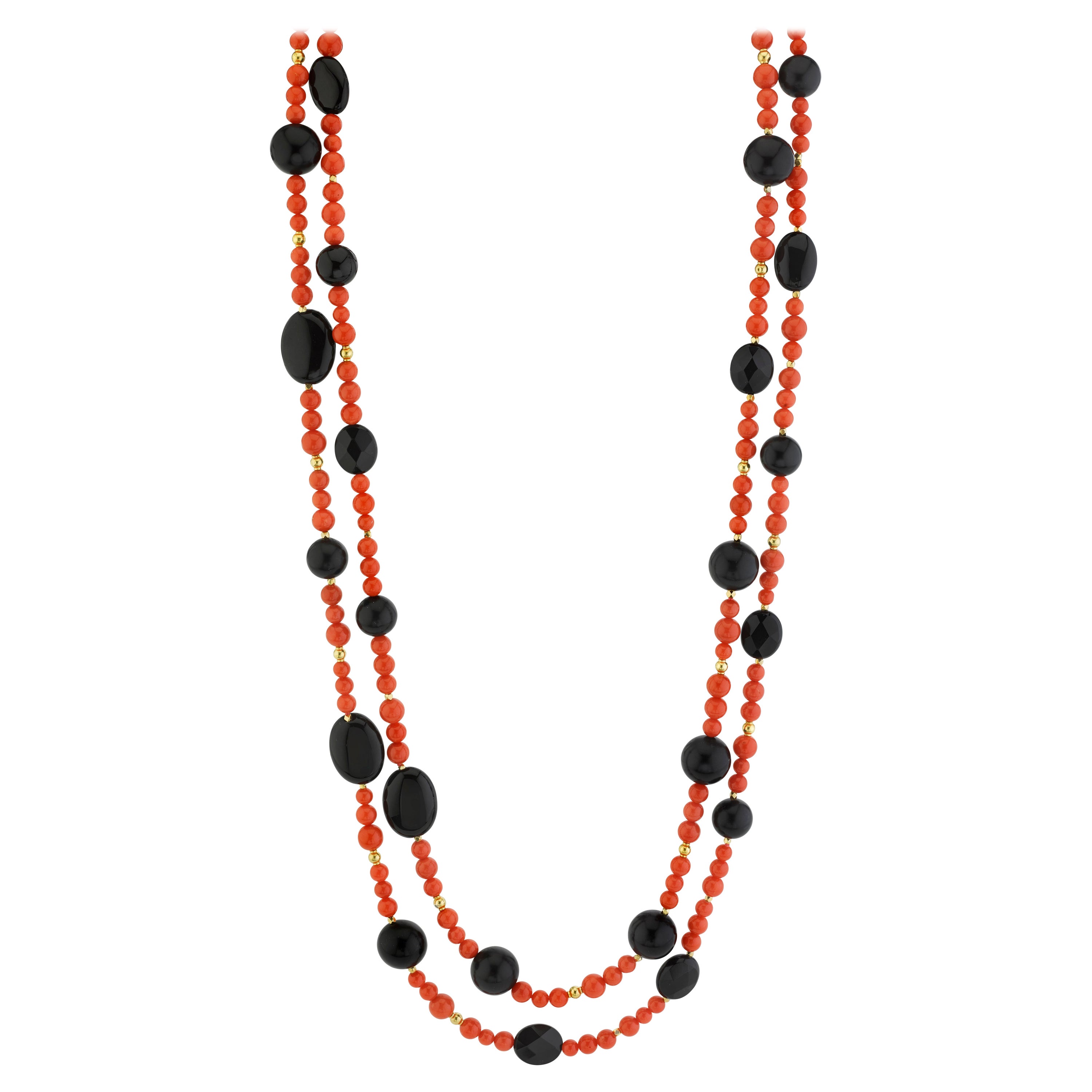 Coral, Onyx and Yellow Gold Beaded Rope Necklace, 60 Inches For Sale