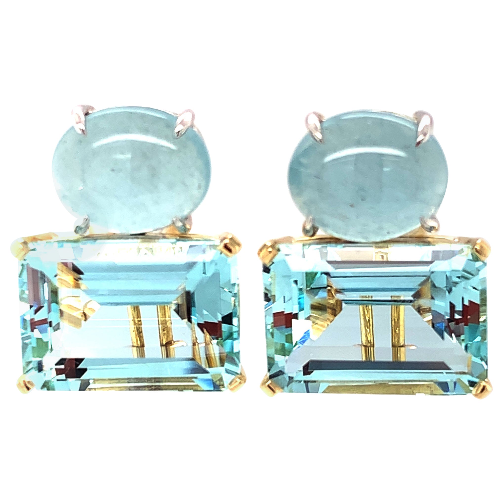24 Carat Total Aquamarine Cabochon Faceted Yellow White Gold Omega Clip Earrings