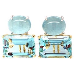 24 Carat Total Aquamarine Cabochon Faceted Yellow White Gold Omega Clip Earrings