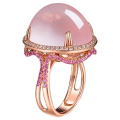 Oval Cabochon Rose Quartz Diamond Sapphire Ring in 18K Rose Gold