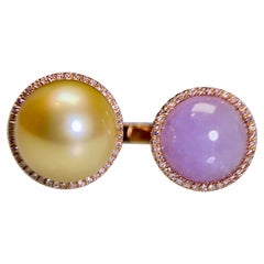 Eostre Golden South Sea Pearl, Type A Jadeite and Diamond Yellow Gold Ring 