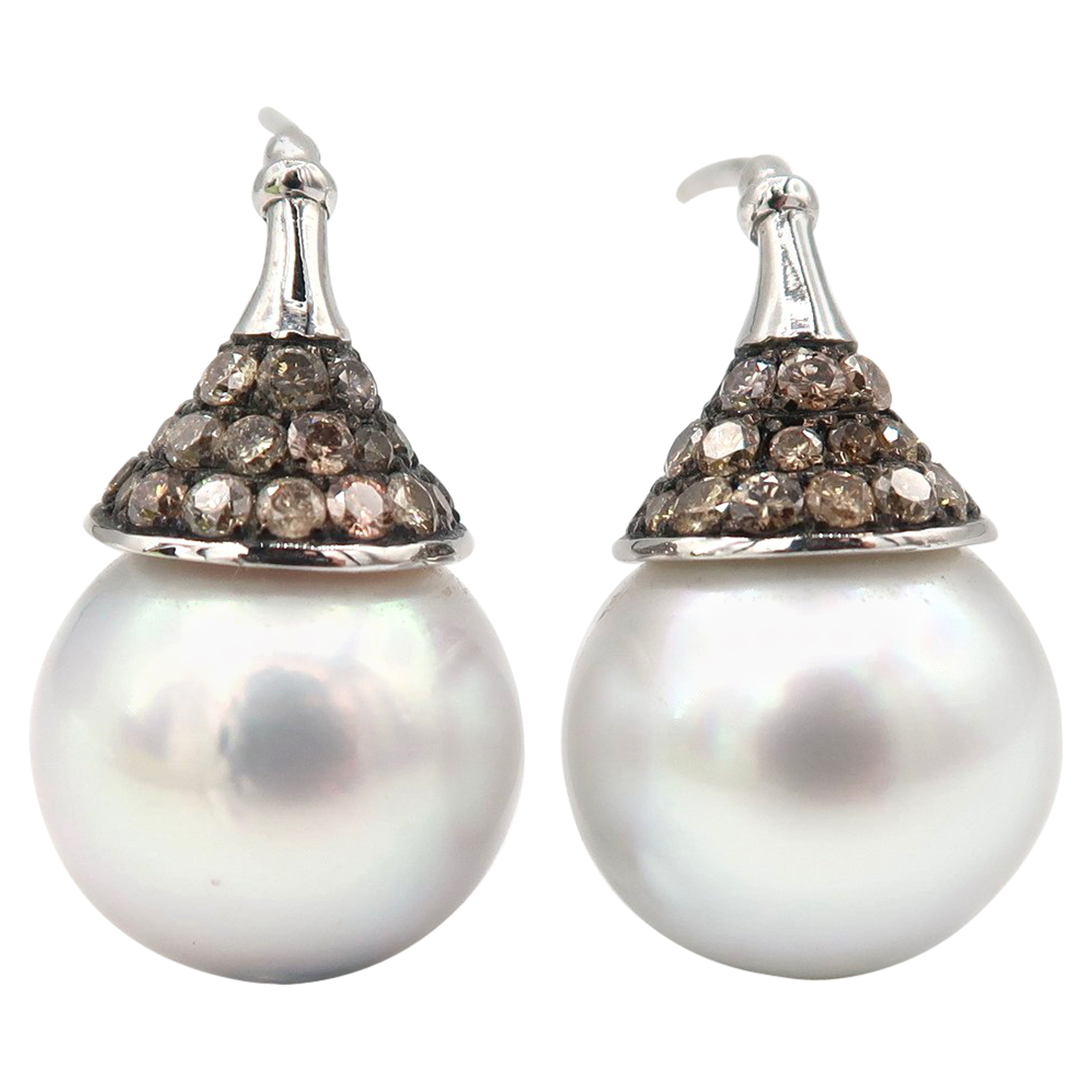 White South Sea Pearl Champagne Diamond White Gold Pierced Earrings