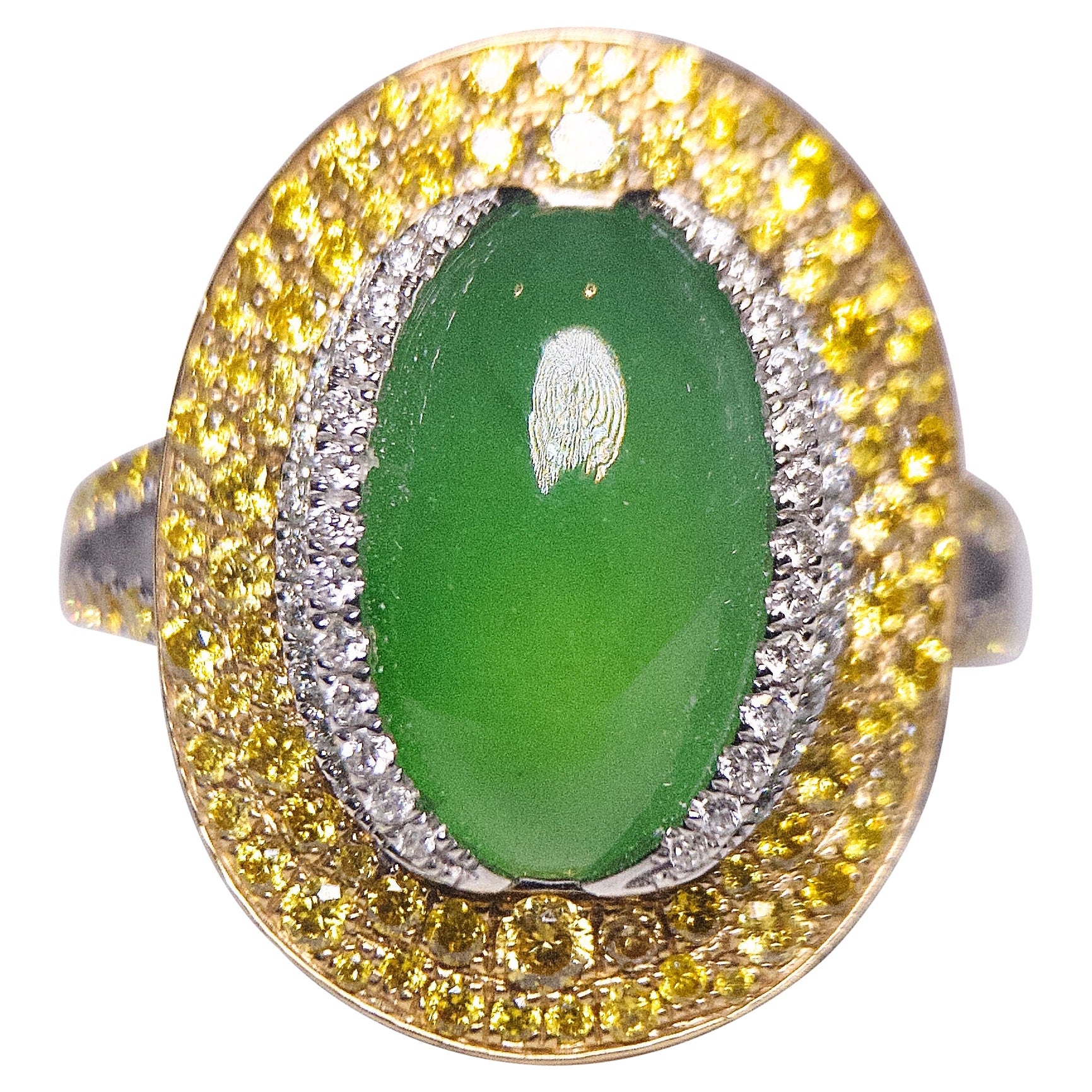 Eostre Typ A Ring aus 18 Karat Gold mit natürlichem grünem Jadeit, gelben und weißen Diamanten