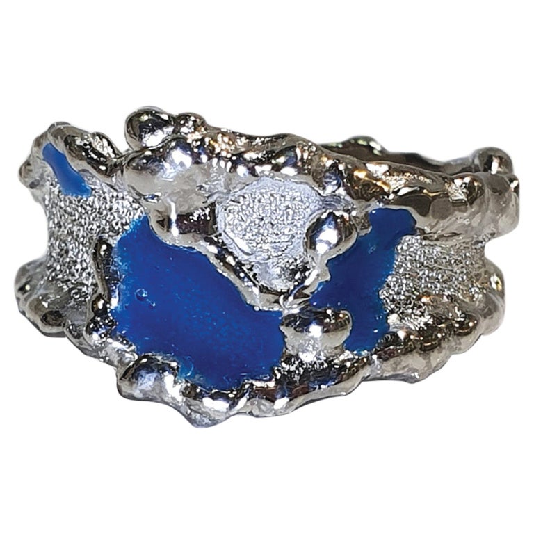 Bague émail Bleu Argent Massif - Taille 57 - Occasion Bon état