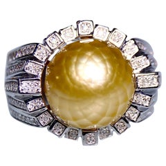 Vintage Eostre Faceted Golden South Sea Pearl and Diamond White Gold Ring 