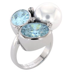 Diamonds Blue Topaz White South Sea Pearl Ring 14K White Gold