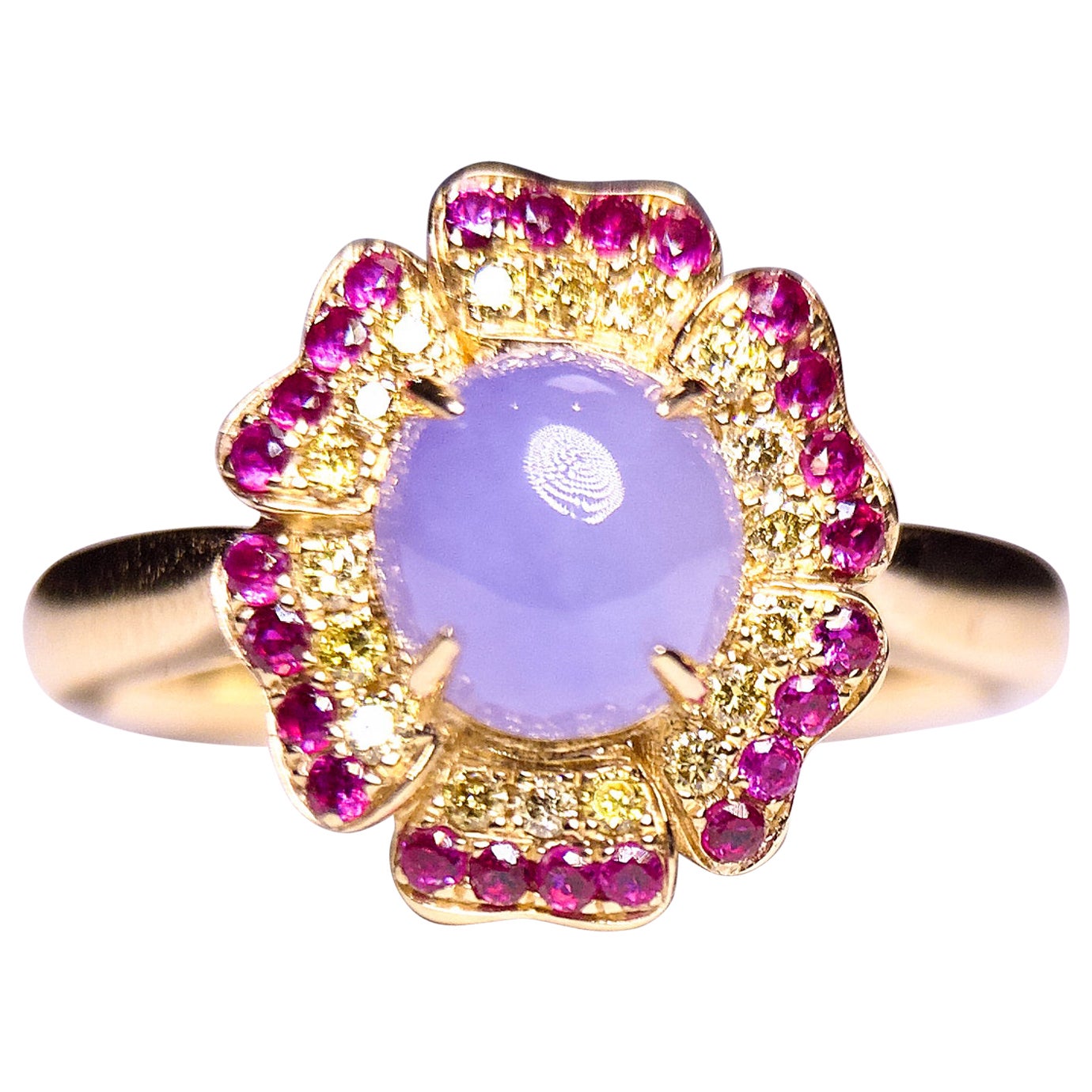 Eostre Type A Natural Lavender Jadeite Jade, Ruby and Diamond Ring in 18K Gold For Sale