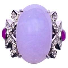 Type A Lavender Jadeite Jade, Star Ruby and Diamond Ring in 18k White Gold