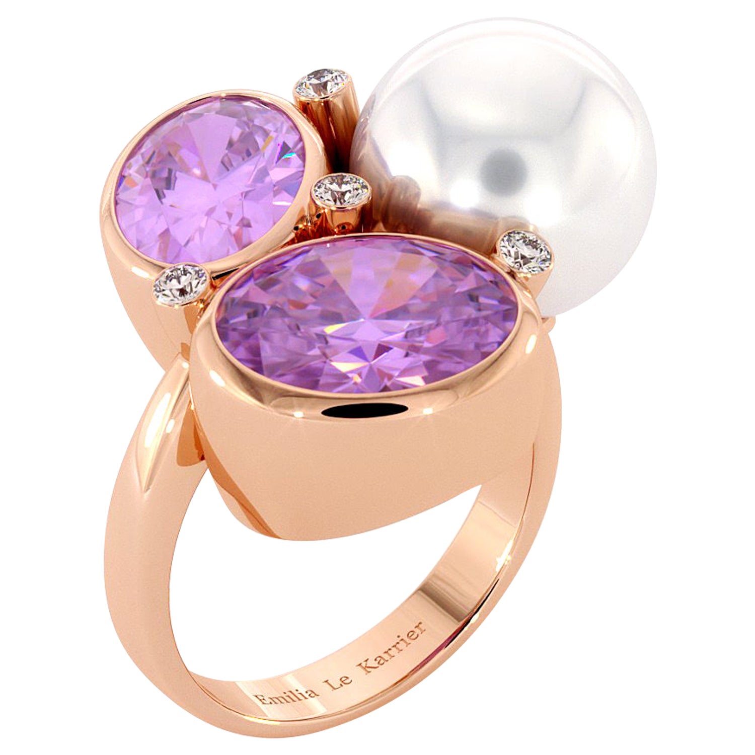 For Sale:  Diamonds Amethysts South Sea White Pearl Ring 14K Rose Gold