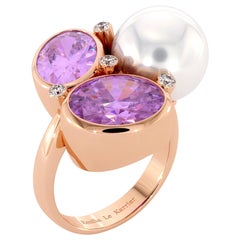 Diamonds Amethysts South Sea White Pearl Ring 14K Rose Gold