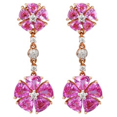 Boucle d'oreille en or rose 18 carats avec saphir rose et diamant de 6,9 carats