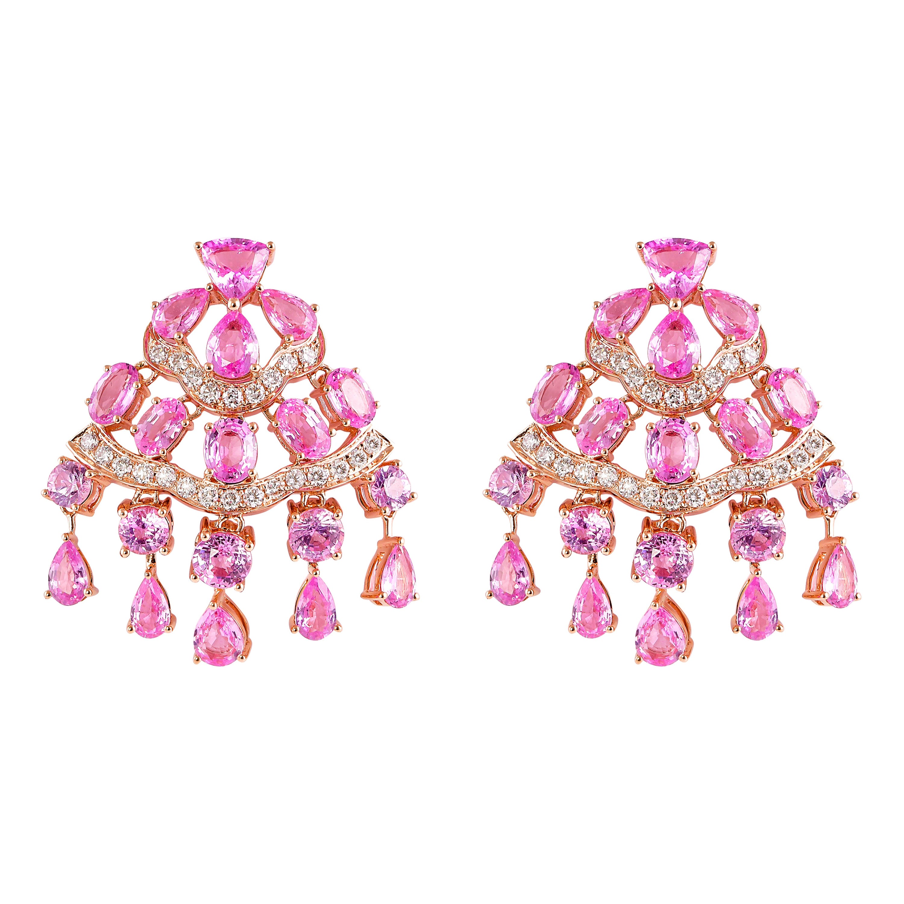 Boucles d'oreilles en or rose 18 carats avec saphir rose de 11,6 carats et diamants 
