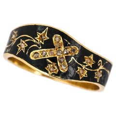 Victorian 18ct Gold Diamond Cross and Black Enamel Mourning Ring, Circa 1870