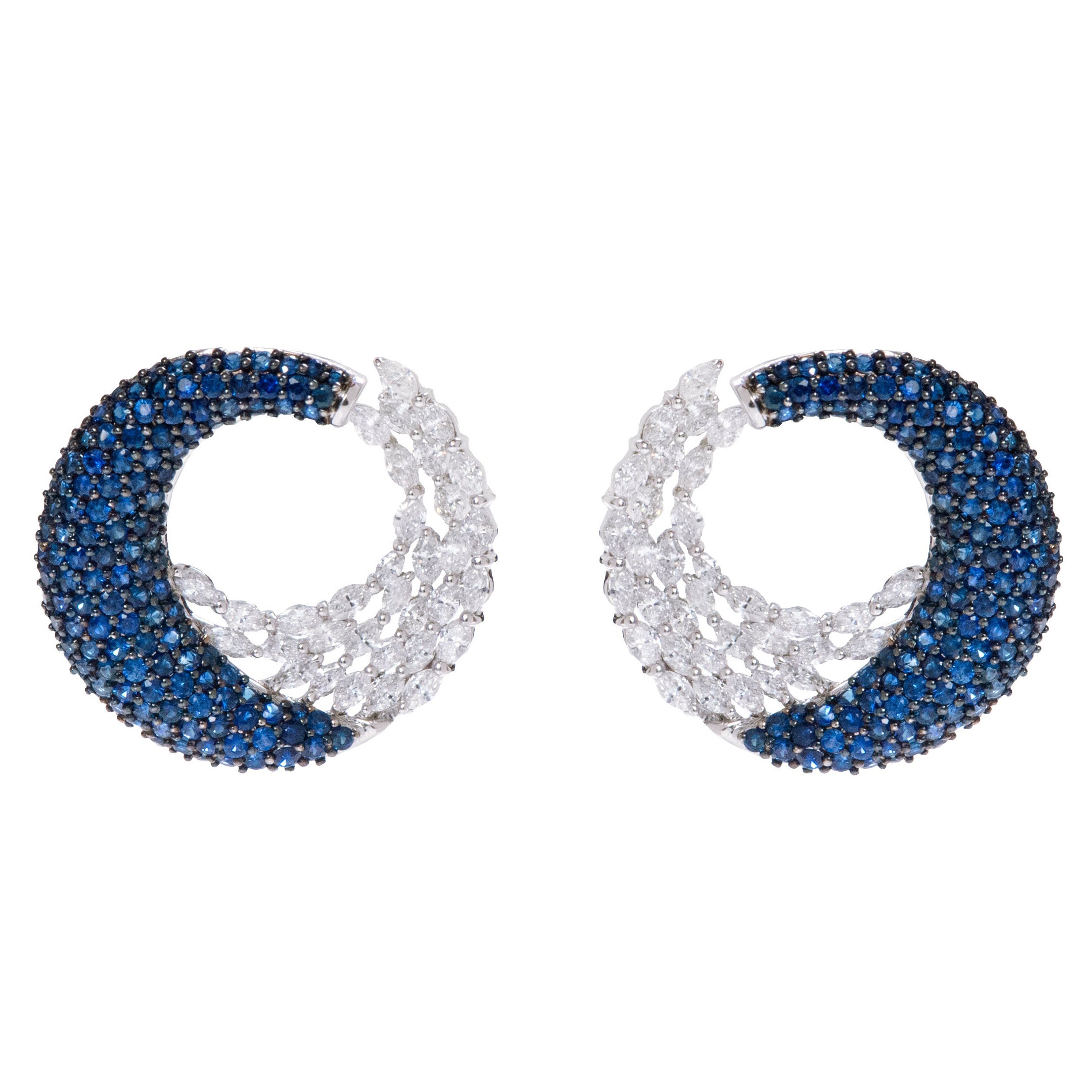 18 Karat White Gold 5.67 Carat Blue Sapphire and Diamond Cocktail Hoop Earrings