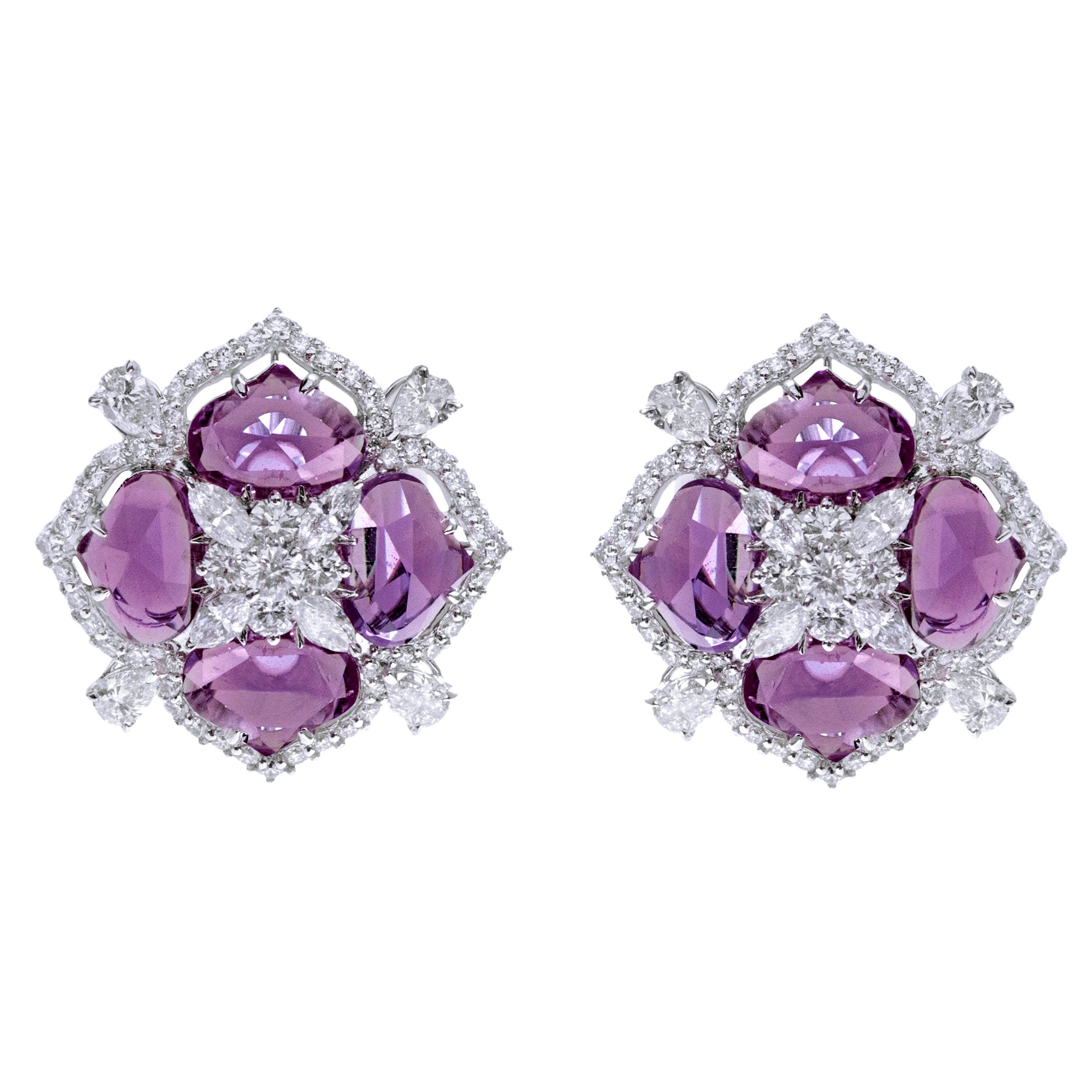 18 Karat White Gold 11.60 Carat Pink Sapphire and Diamond Cocktail Stud Earrings For Sale