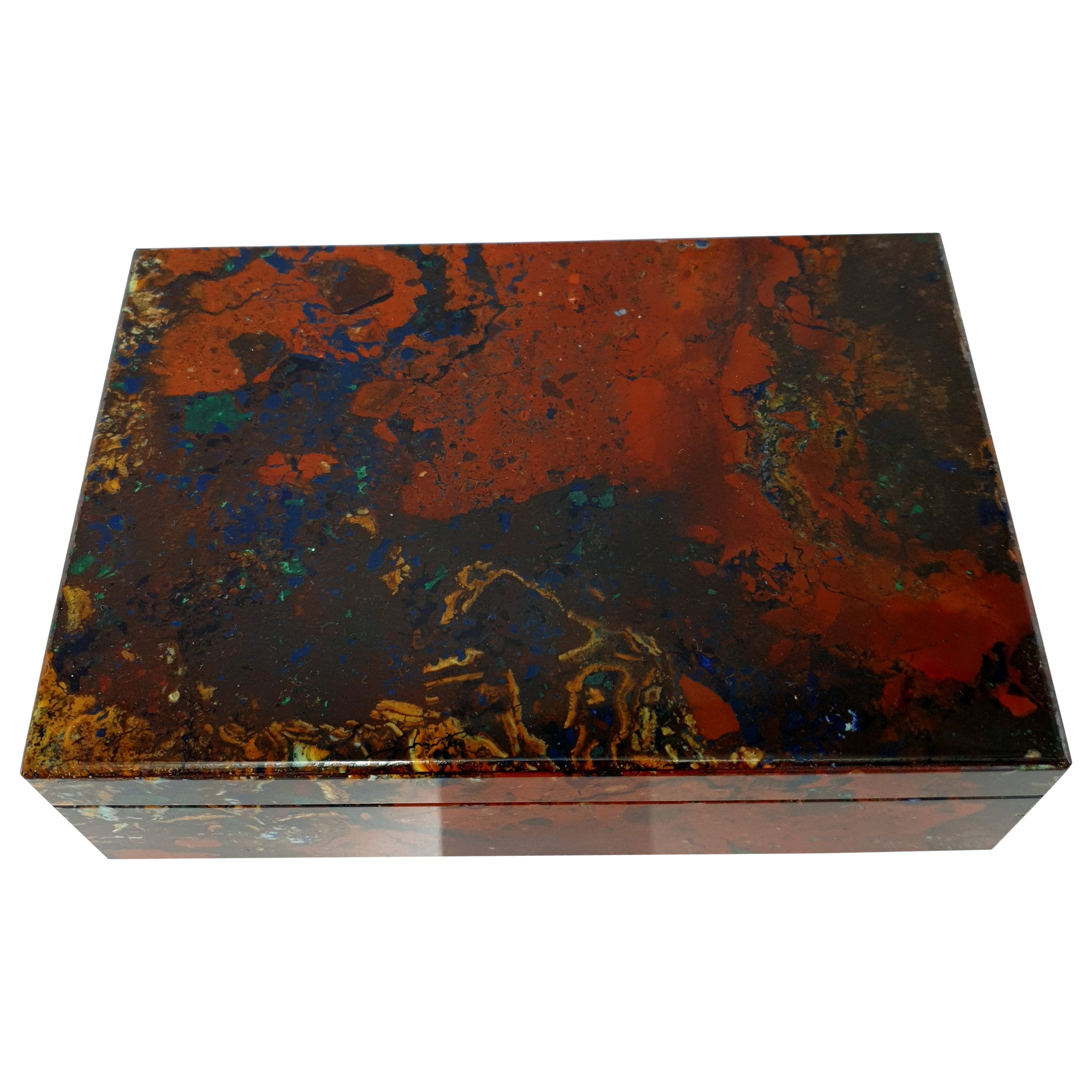 Red Brown Zarinite Decorative Jewelry Gemstone Box with Black Marble