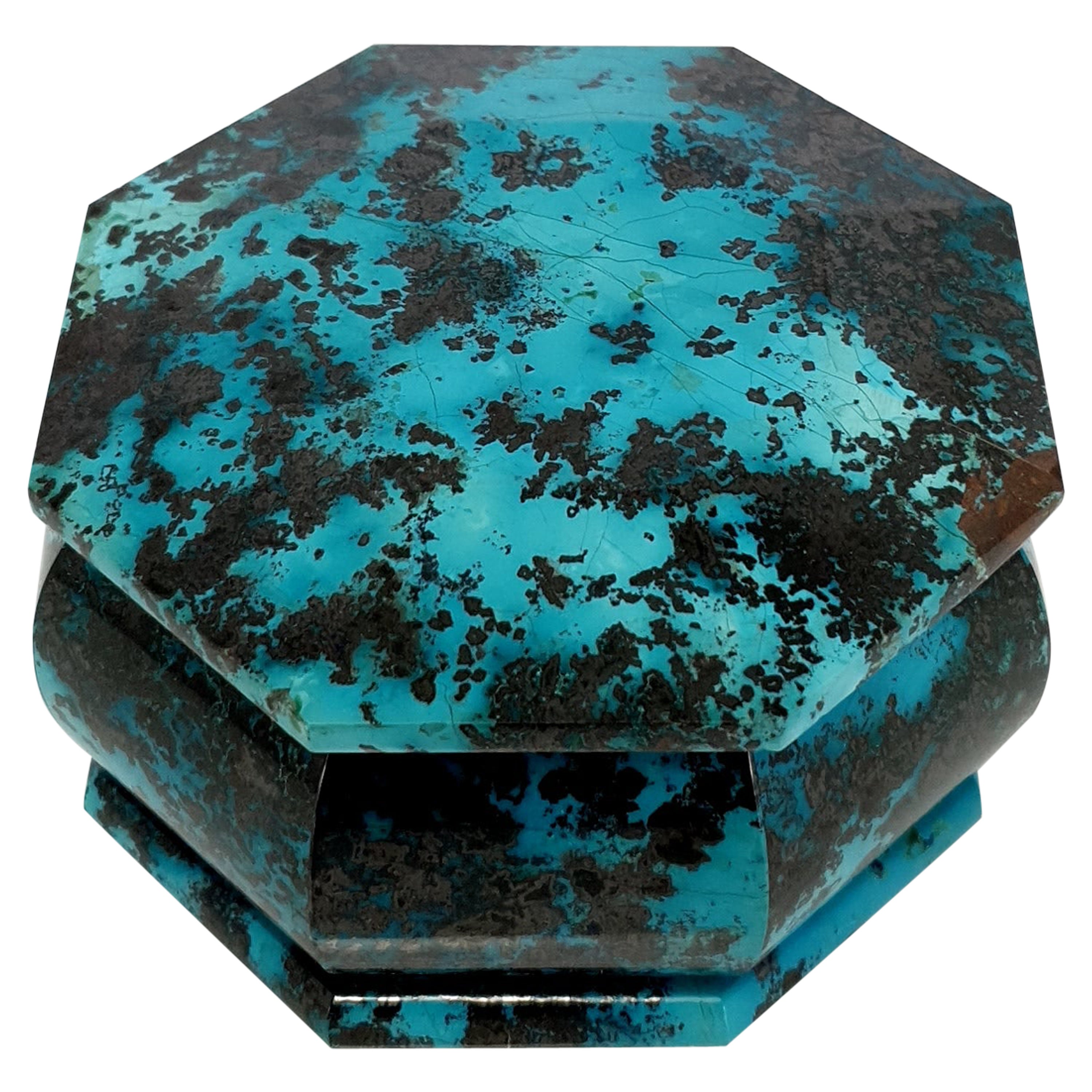 Octagon Turquoise Coloured Shattuckite Decorative Jewelry Gemstone Box For Sale