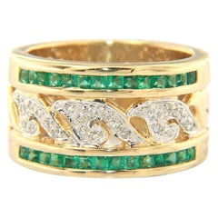 Diamond Filigree and Emerald Channel Set Wide Band Ring in 14K Yellow Gold