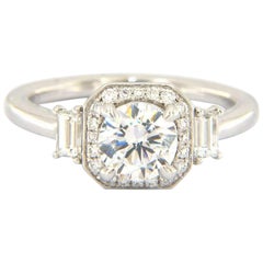 New Gabriel & Co. Bague semi-montée Art Déco octogonale à trois pierres en or 14 carats avec halo de pierres