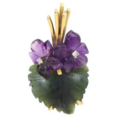 Violet Flower Bouquet Amethyst Jade Diamond Gold Brooch Pin, 1950