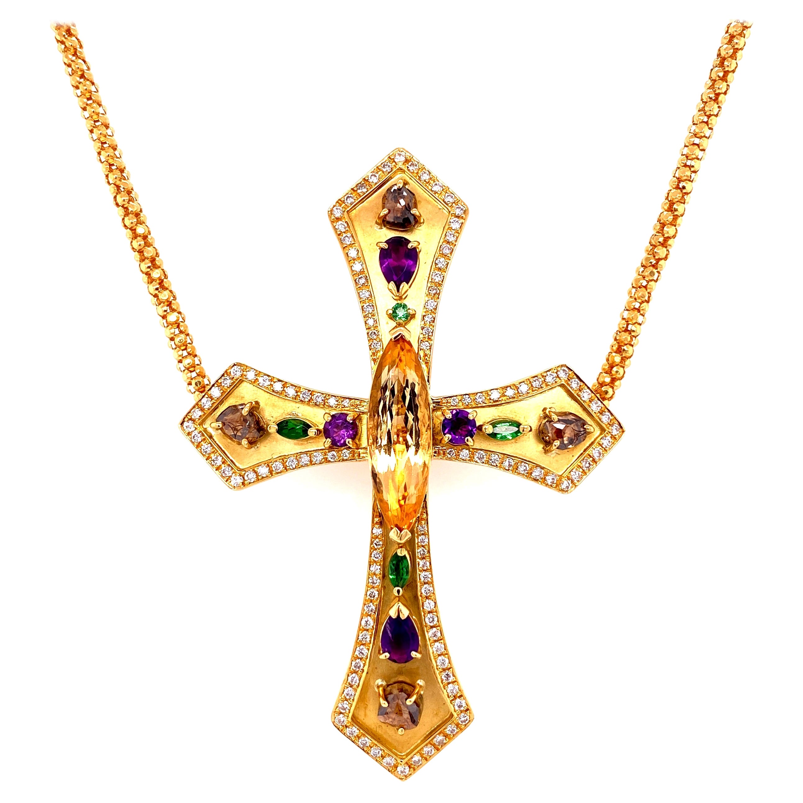 5.08 Carat Topaz, Diamond and Gemstone Gold Cross Necklace Estate Fine Jewelry