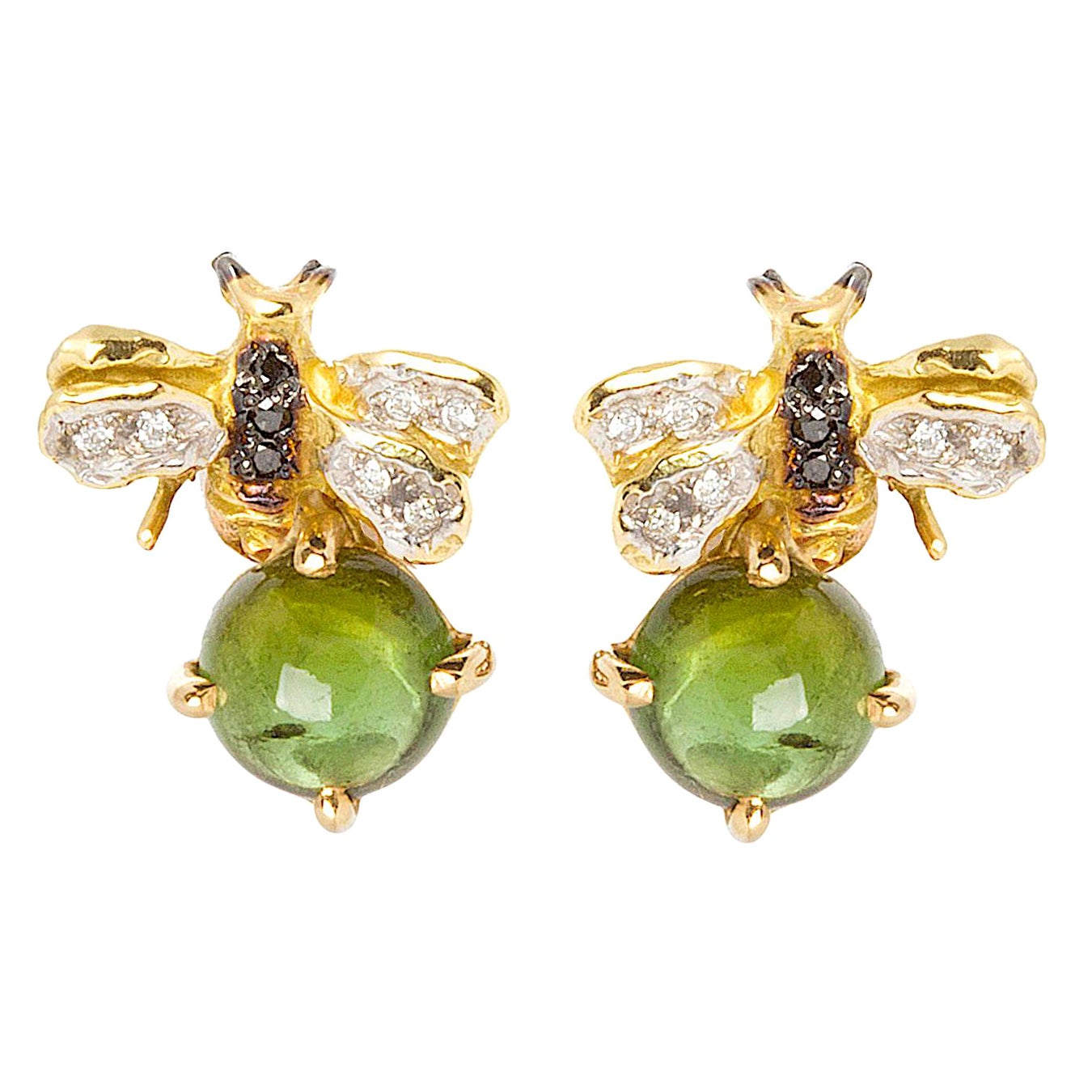 Boucles d'oreilles abeille en or 18 carats avec tourmaline verte de 3,20 carats et diamants de 0,10 carat