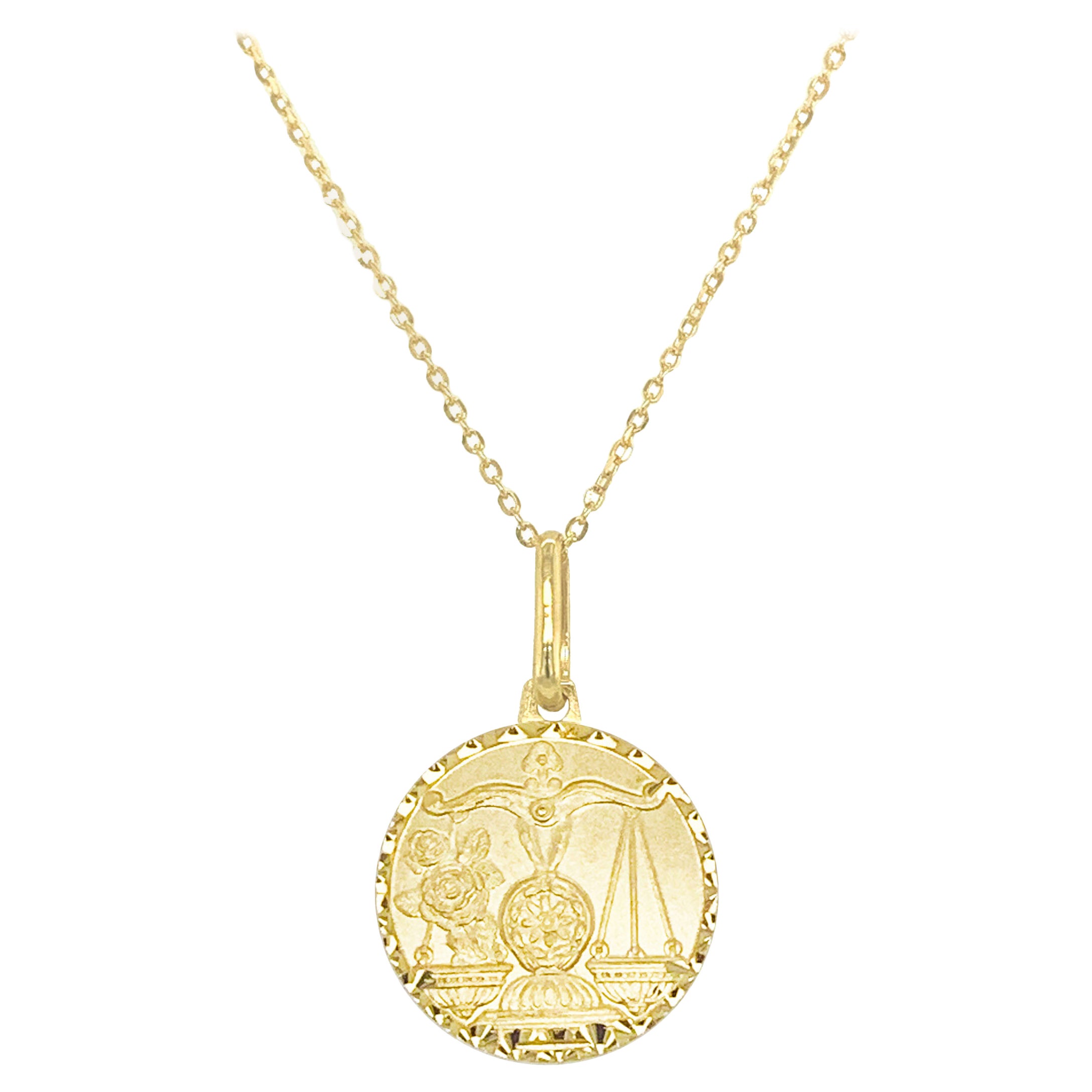 14k Yellow Gold Zodiac Pendant Necklace, Libra For Sale