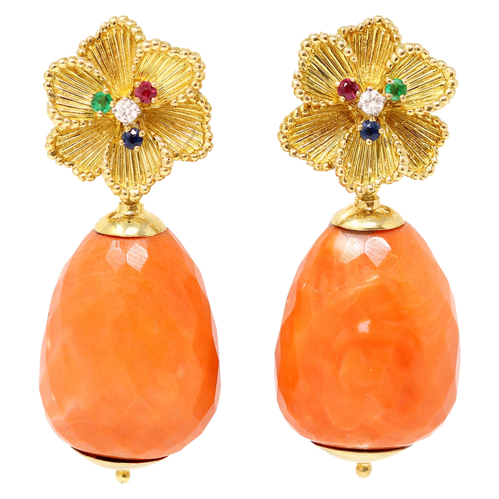 Pair of Signed Danfrere Day and Night Coral Dangling Earrings with Floral Motifs