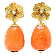 Vintage Pair of Signed Danfrere Day and Night Coral Dangling Earrings with Floral Motifs